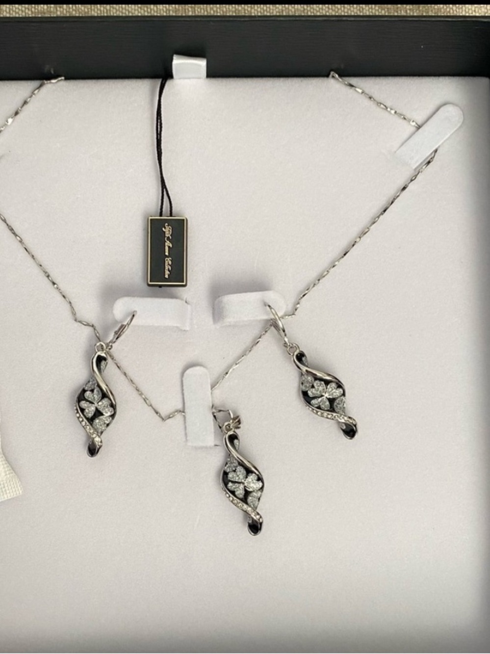 Fifth Avenue Swarovski Crystal Black Enamel Swirl Clover Necklace & Earrings Set